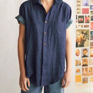 Naomi Nomi short-sleeve hemp linen denim button-up, medium